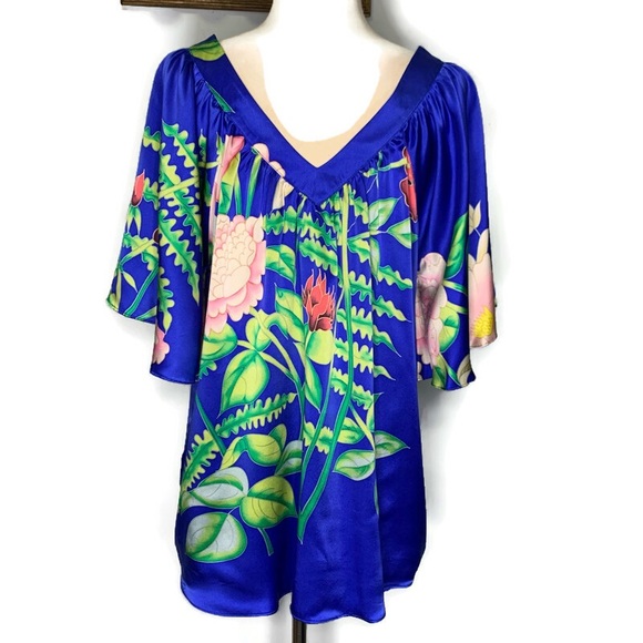 Kite And Butterfly Women’s Blue Floral 100% Silk V Neck Pullover Blouse Top M - Picture 1 of 11